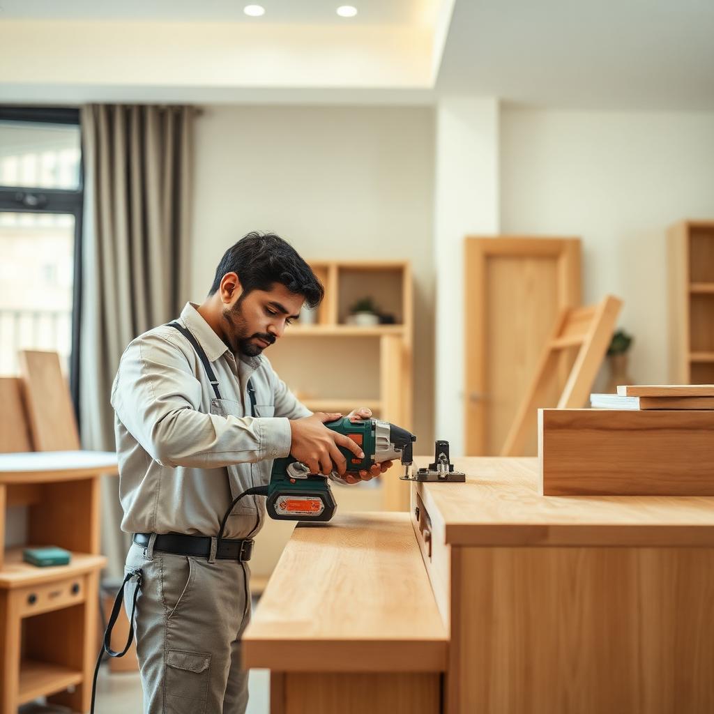Professional carpenter assembling furniture and repairing wooden doors in a Hyderabad home